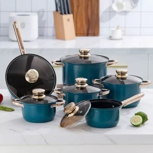 Golden Cookware Set with Frying Pan and Milk Pot dark green